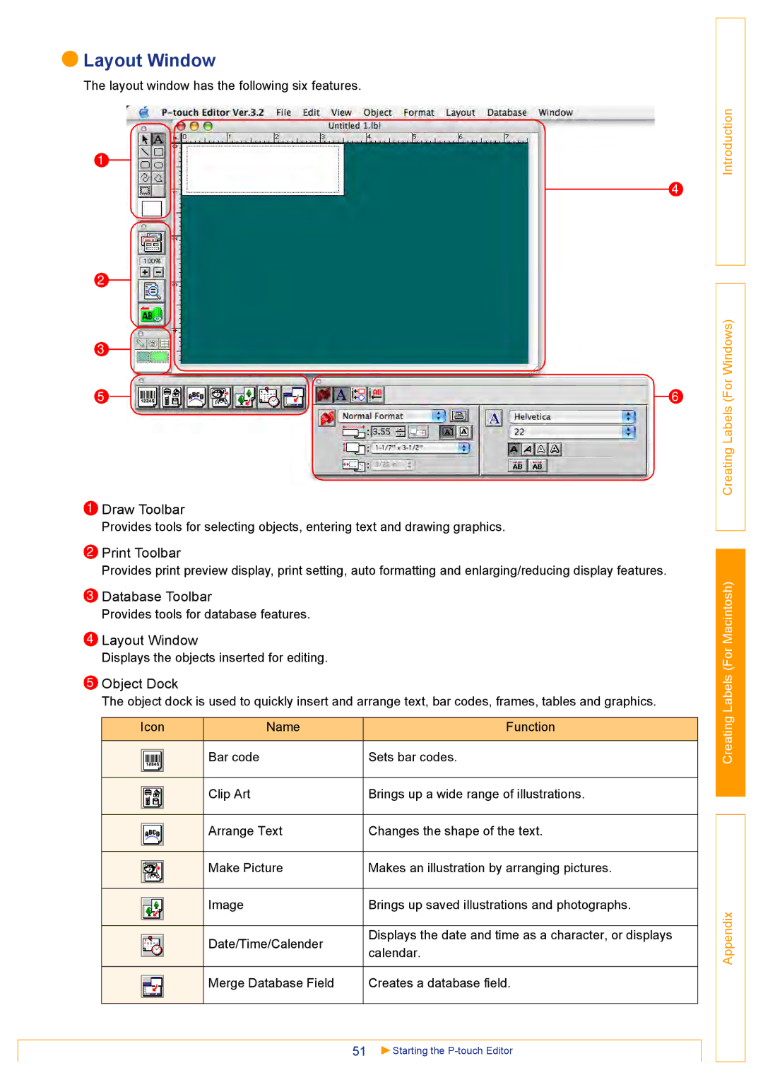 Brother QL500 manual Layout Window, Print Toolbar, Database Toolbar 