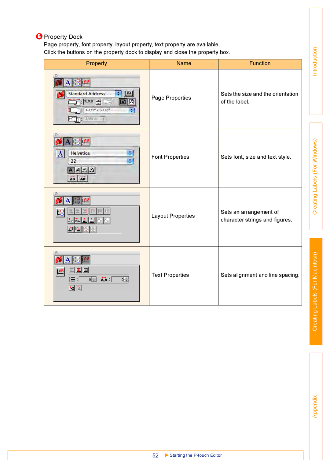 Brother QL500 manual Property Dock 