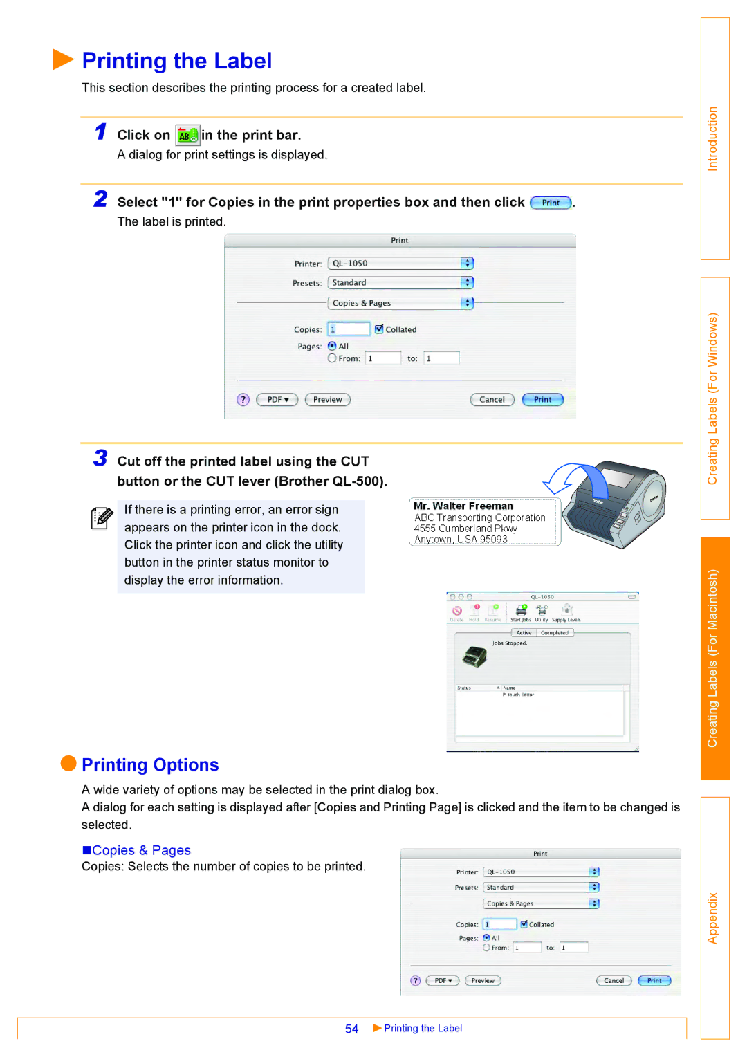 Brother QL500 manual Printing Options, Click on in the print bar, „Copies & Pages 