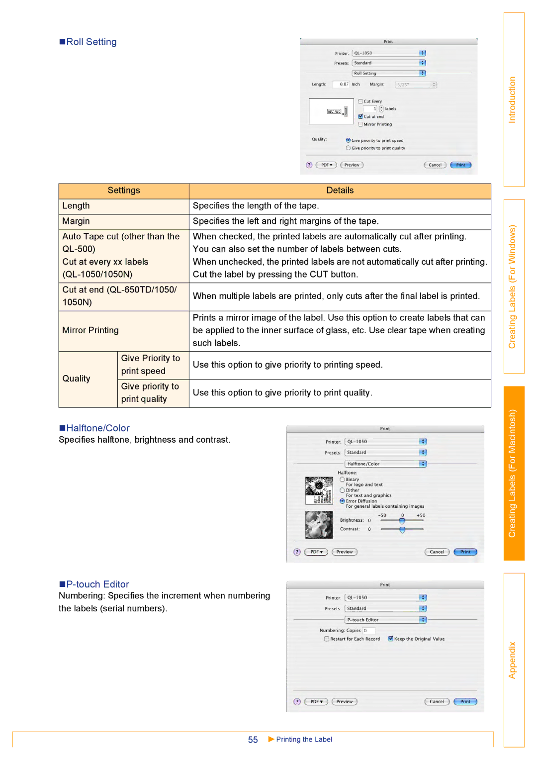 Brother QL500 manual „Roll Setting, „Halftone/Color, „P-touch Editor 