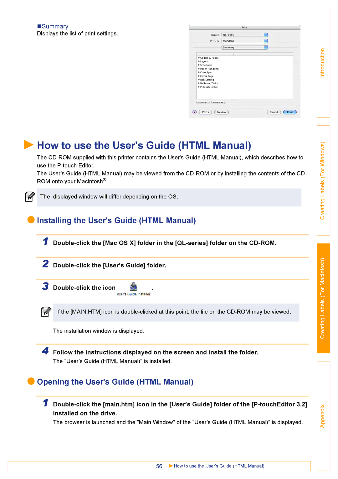 Brother QL500 manual How to use the Users Guide Html Manual, Installing the Users Guide Html Manual, „Summary 