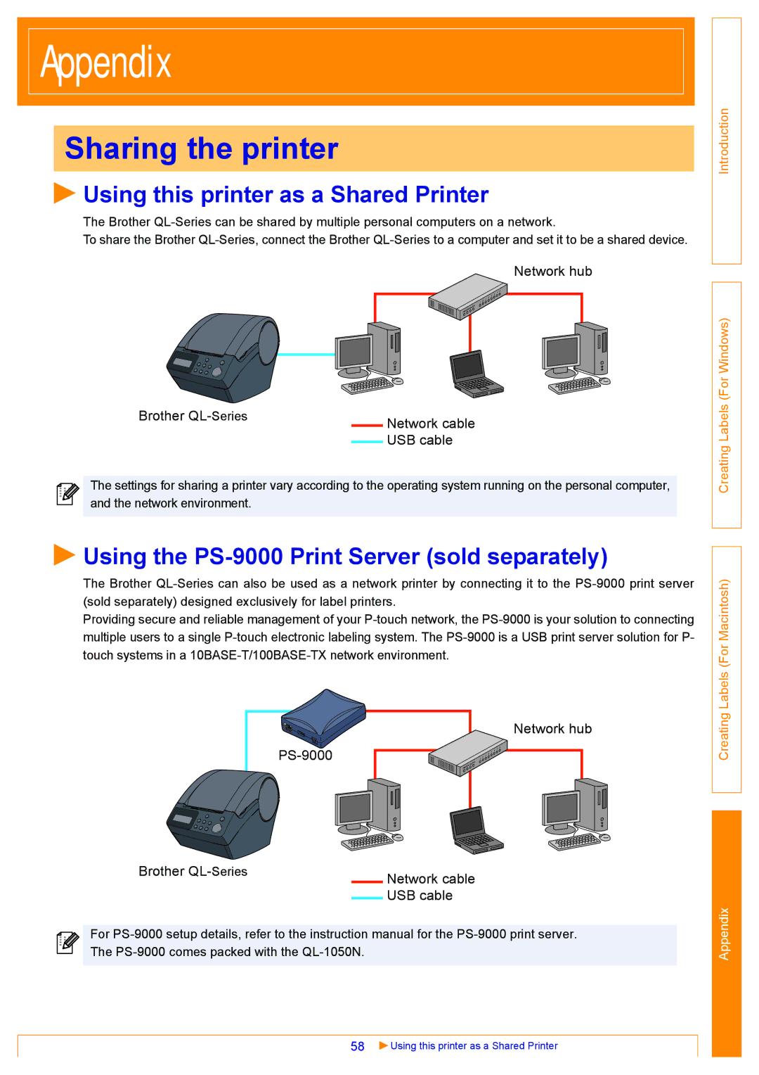 Brother QL500 Sharing the printer, Using this printer as a Shared Printer, Using the PS-9000 Print Server sold separately 