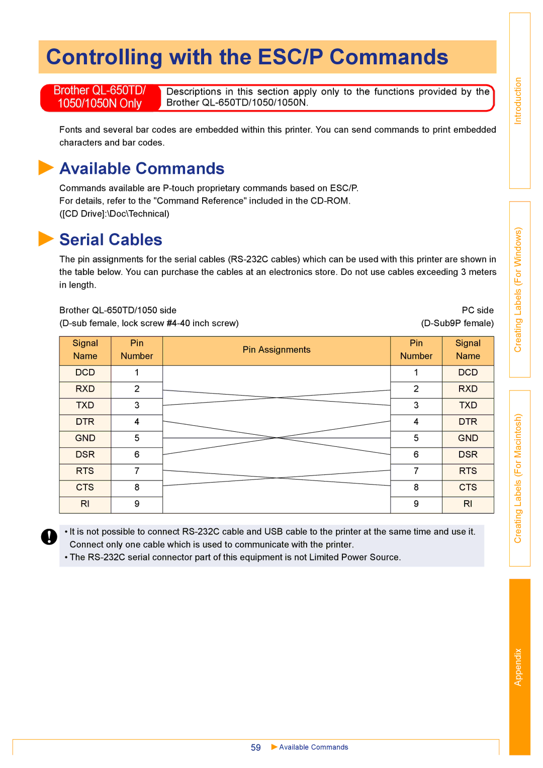 Brother QL500 manual Controlling with the ESC/P Commands, Available Commands, Serial Cables, Brother QL-650TD/1050/1050N 