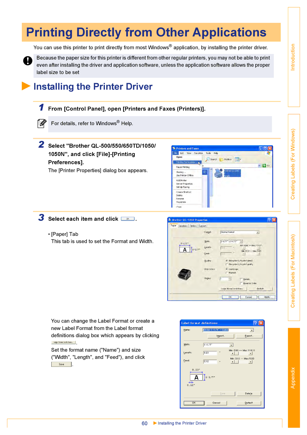 Brother QL500 manual Printing Directly from Other Applications, Installing the Printer Driver, Select each item and click 