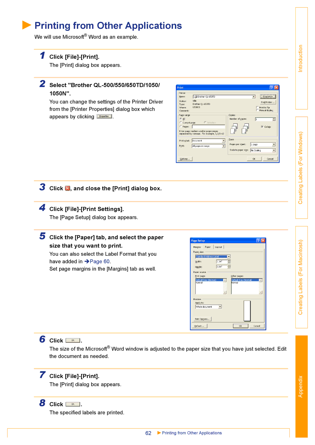 Brother QL500 manual Printing from Other Applications, Click File-Print, Select Brother QL-500/550/650TD/1050/ 1050N 