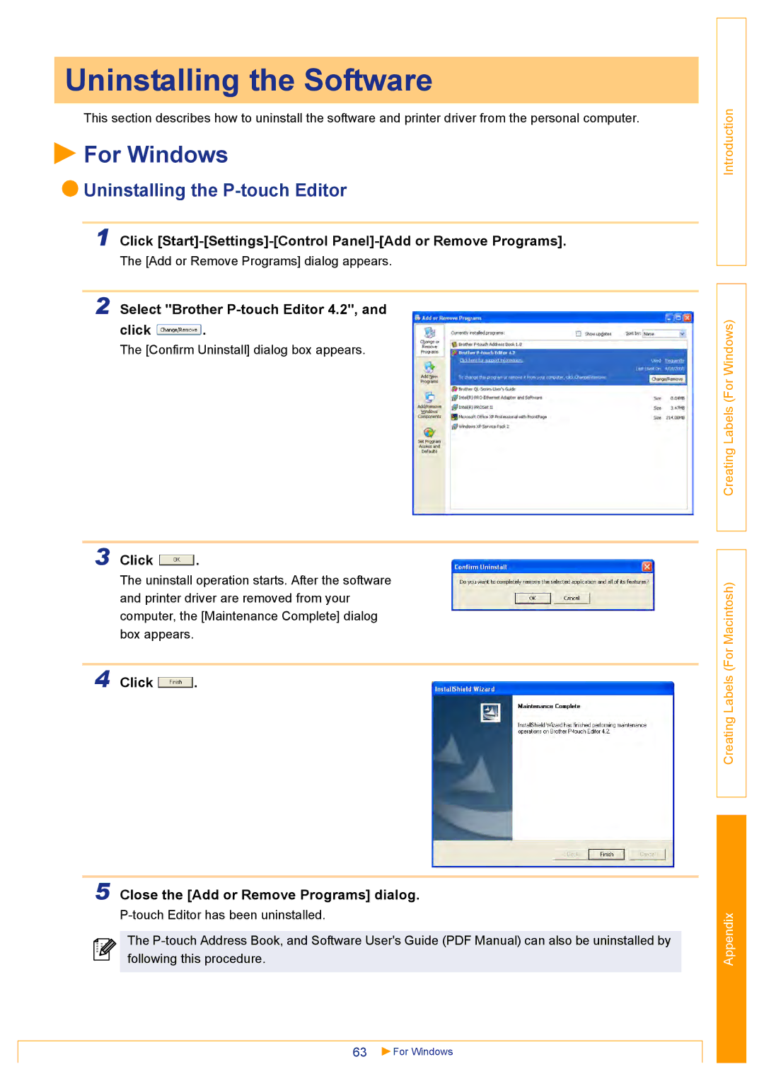 Brother QL500 manual Uninstalling the Software, For Windows, Uninstalling the P-touch Editor 