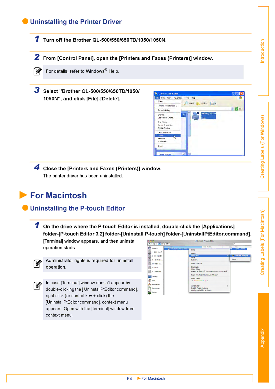 Brother QL500 manual For Macintosh, Uninstalling the Printer Driver 