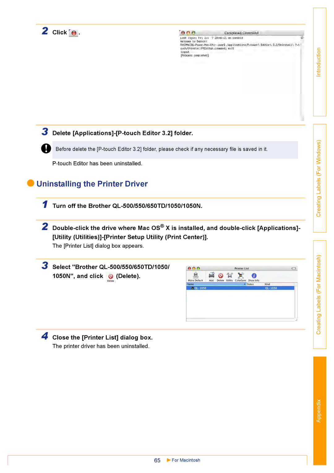 Brother QL500 manual Click Delete Applications-P-touch Editor 3.2 folder 