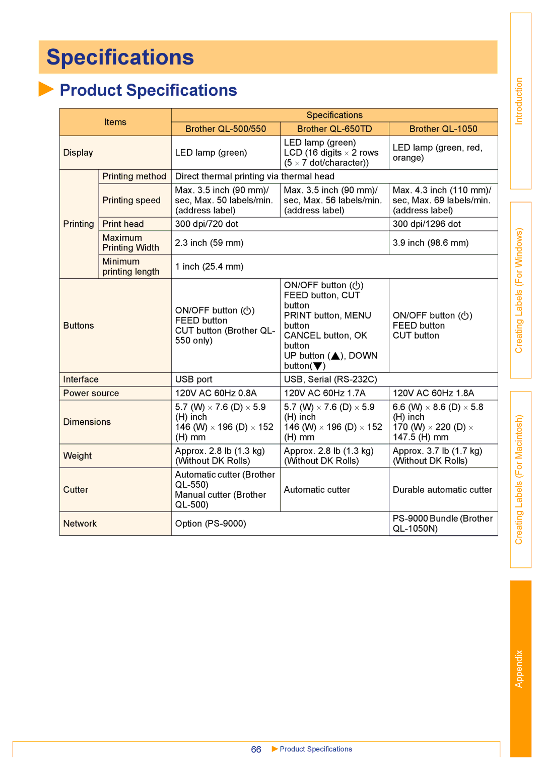 Brother QL500 manual Product Specifications 