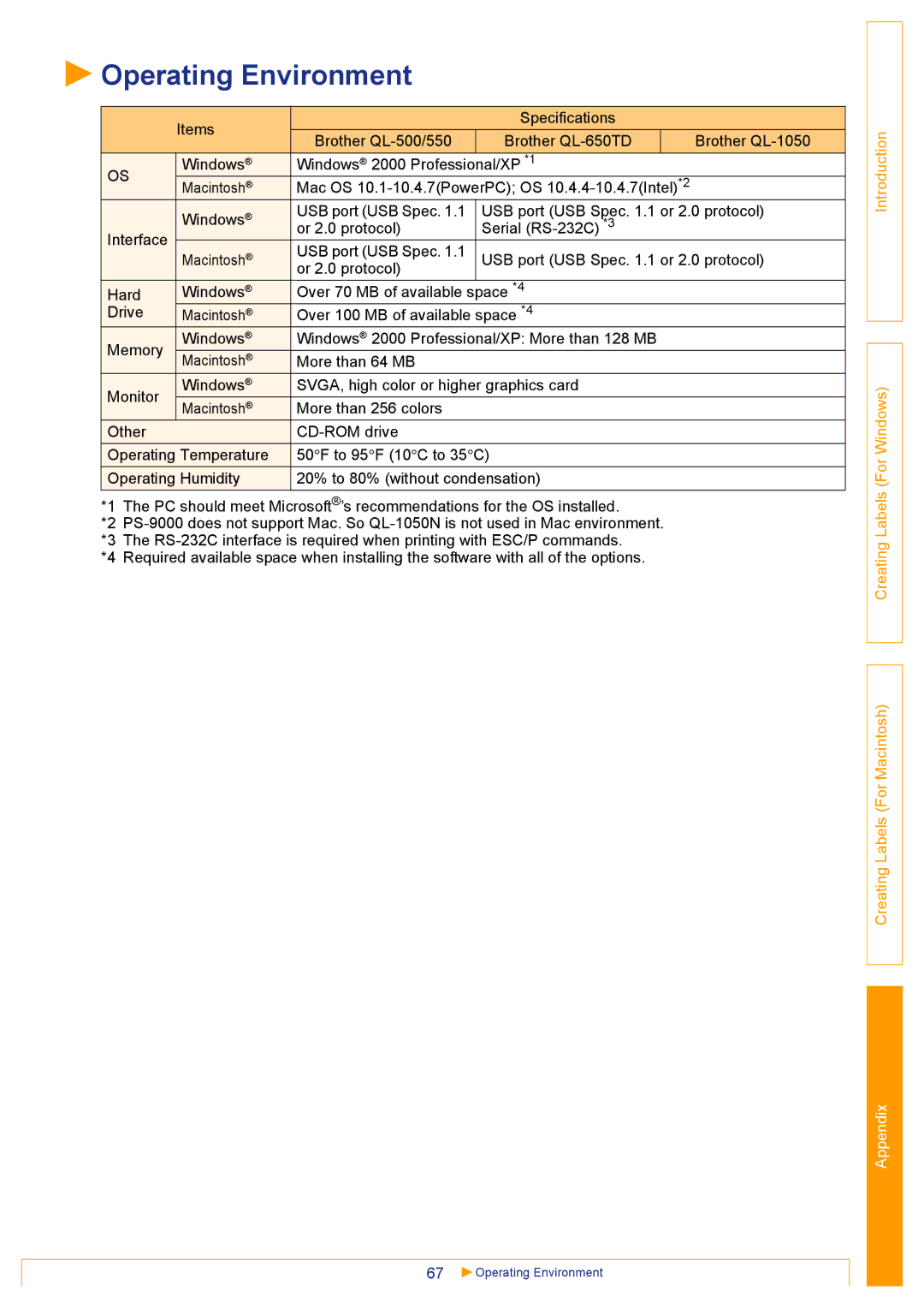 Brother QL500 manual Operating Environment 