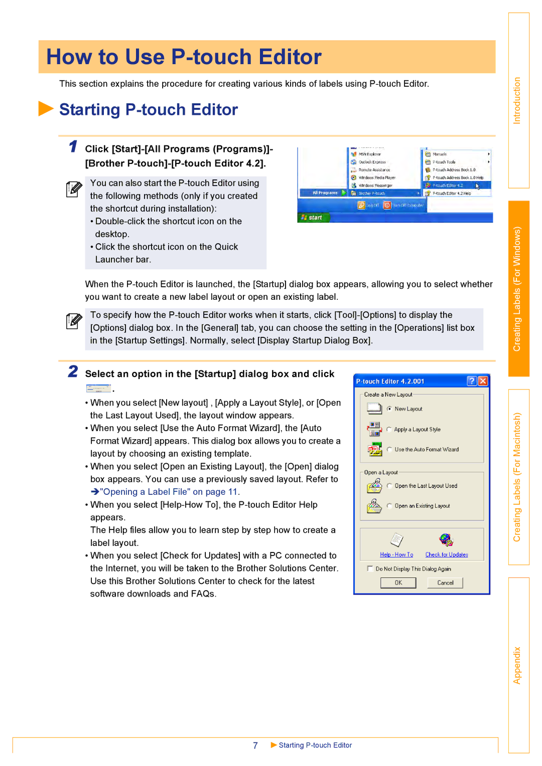 Brother QL500 How to Use P-touch Editor, Starting P-touch Editor, Select an option in the Startup dialog box and click 