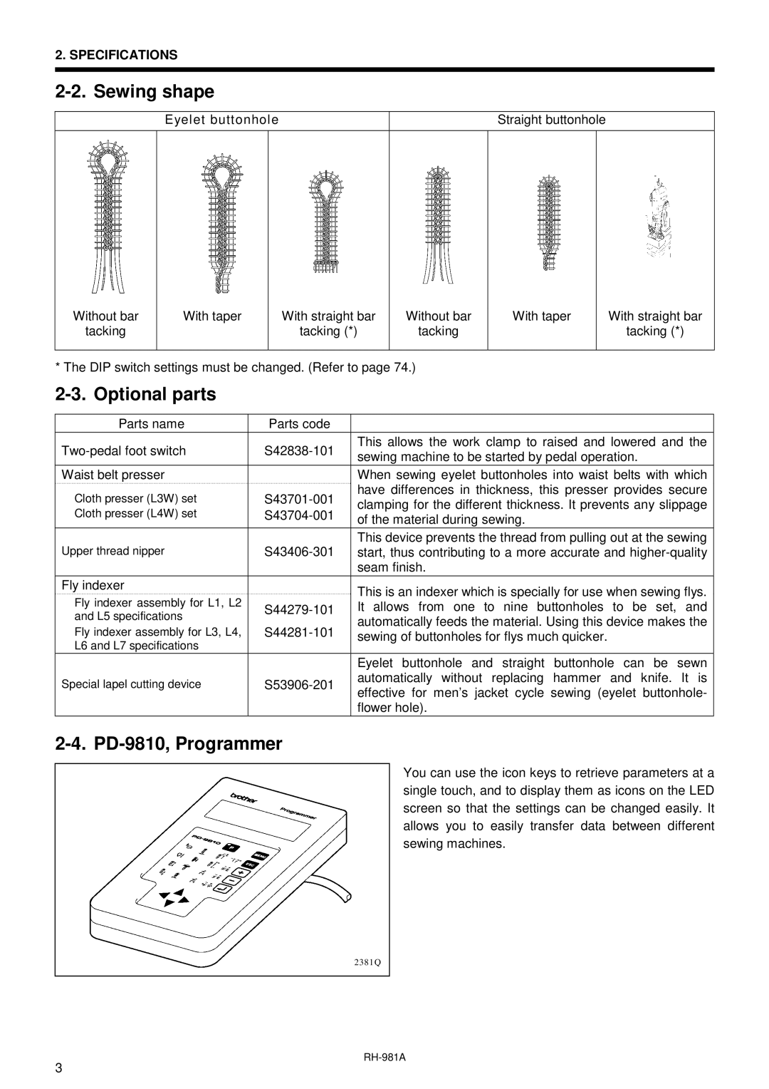 Brother rh-918a manual Sewing shape, Optional parts, PD-9810, Programmer 