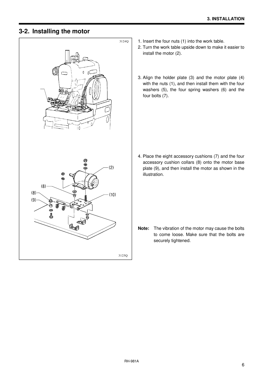 Brother rh-918a manual Installing the motor 