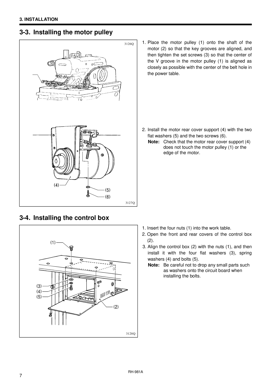 Brother rh-918a manual Installing the motor pulley, Installing the control box 