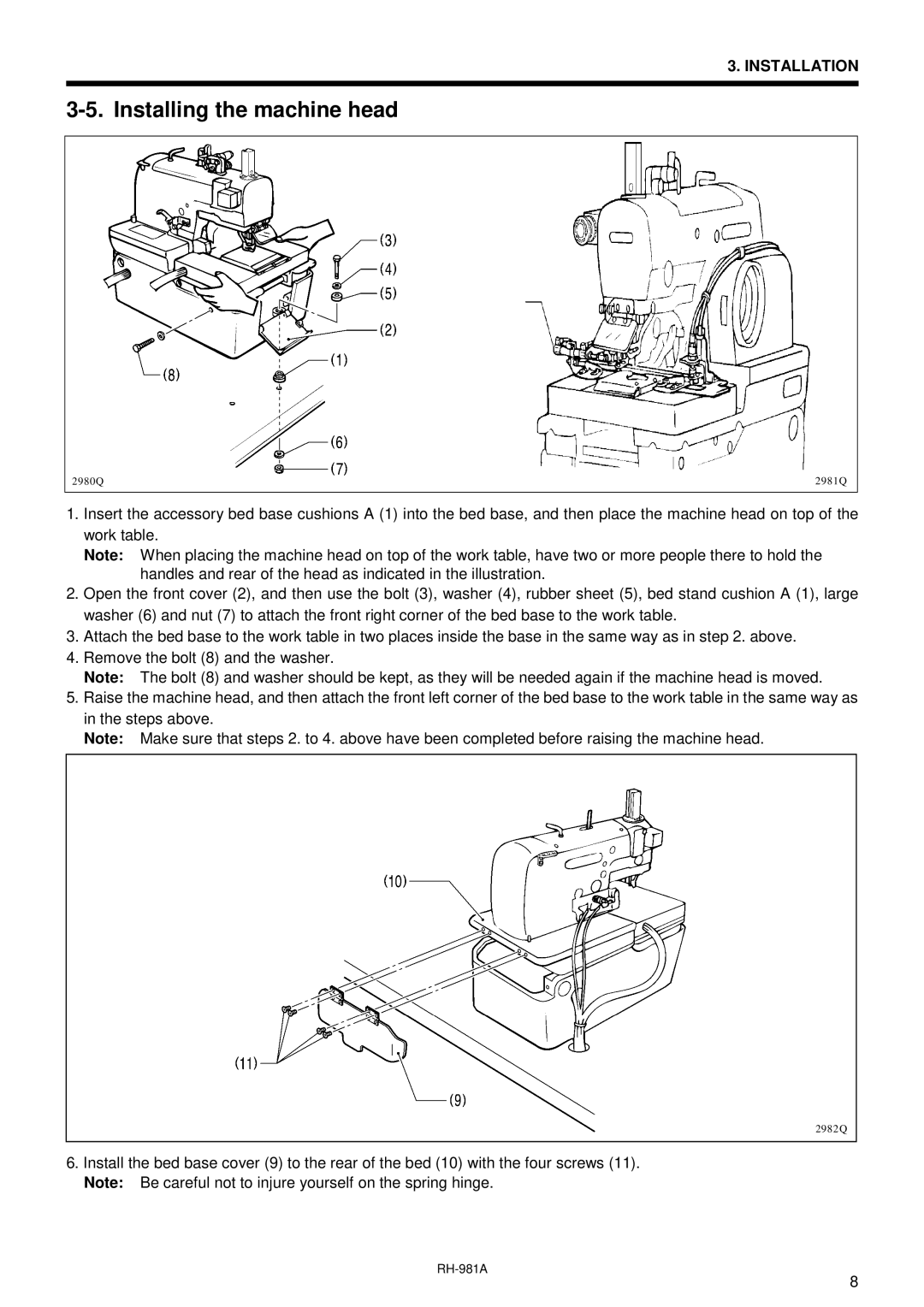 Brother rh-918a manual Installing the machine head 