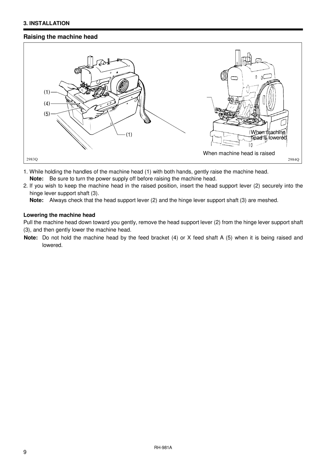 Brother rh-918a manual Raising the machine head, Lowering the machine head 