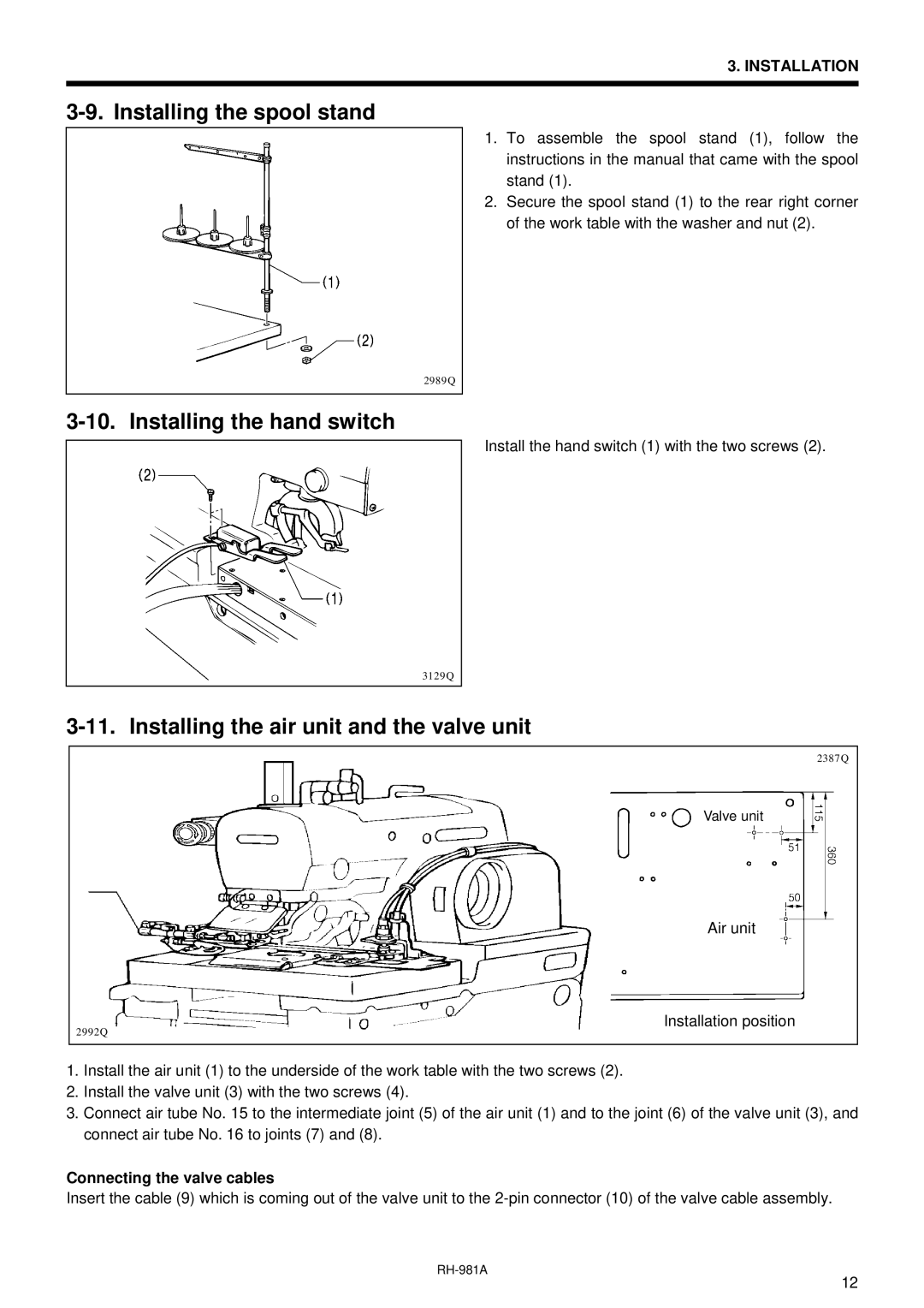 Brother rh-918a manual Installing the spool stand, Installing the hand switch, Installing the air unit and the valve unit 