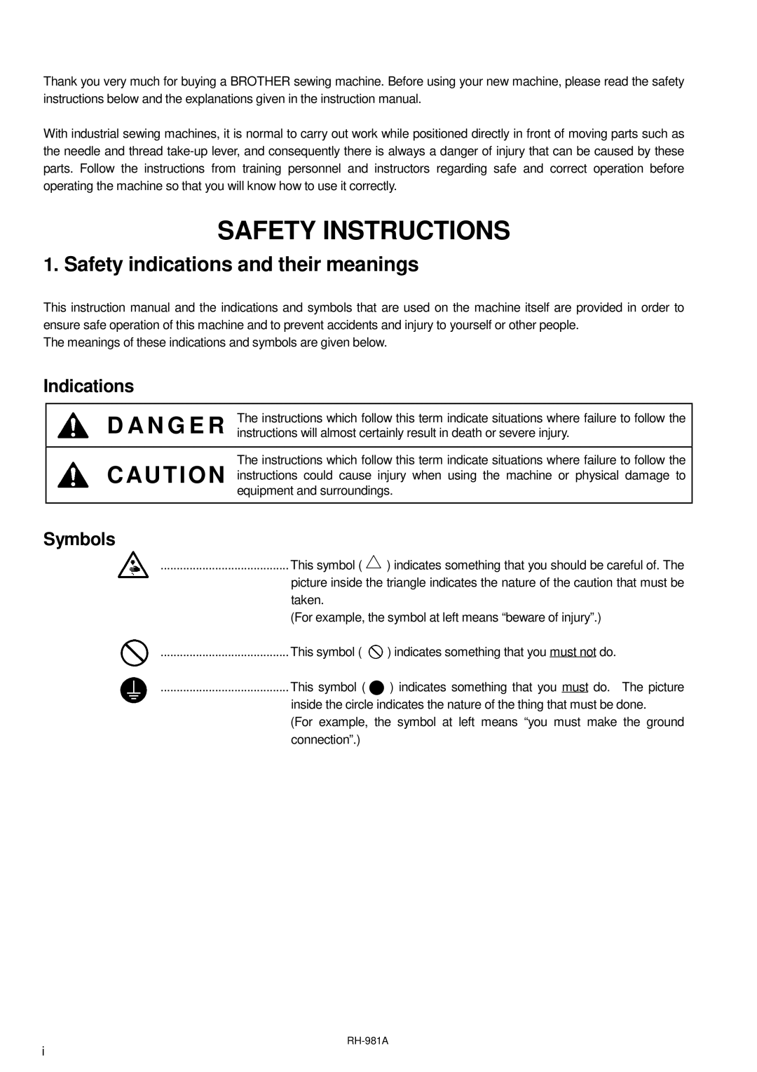 Brother rh-918a manual Safety Instructions, Indications, Symbols 