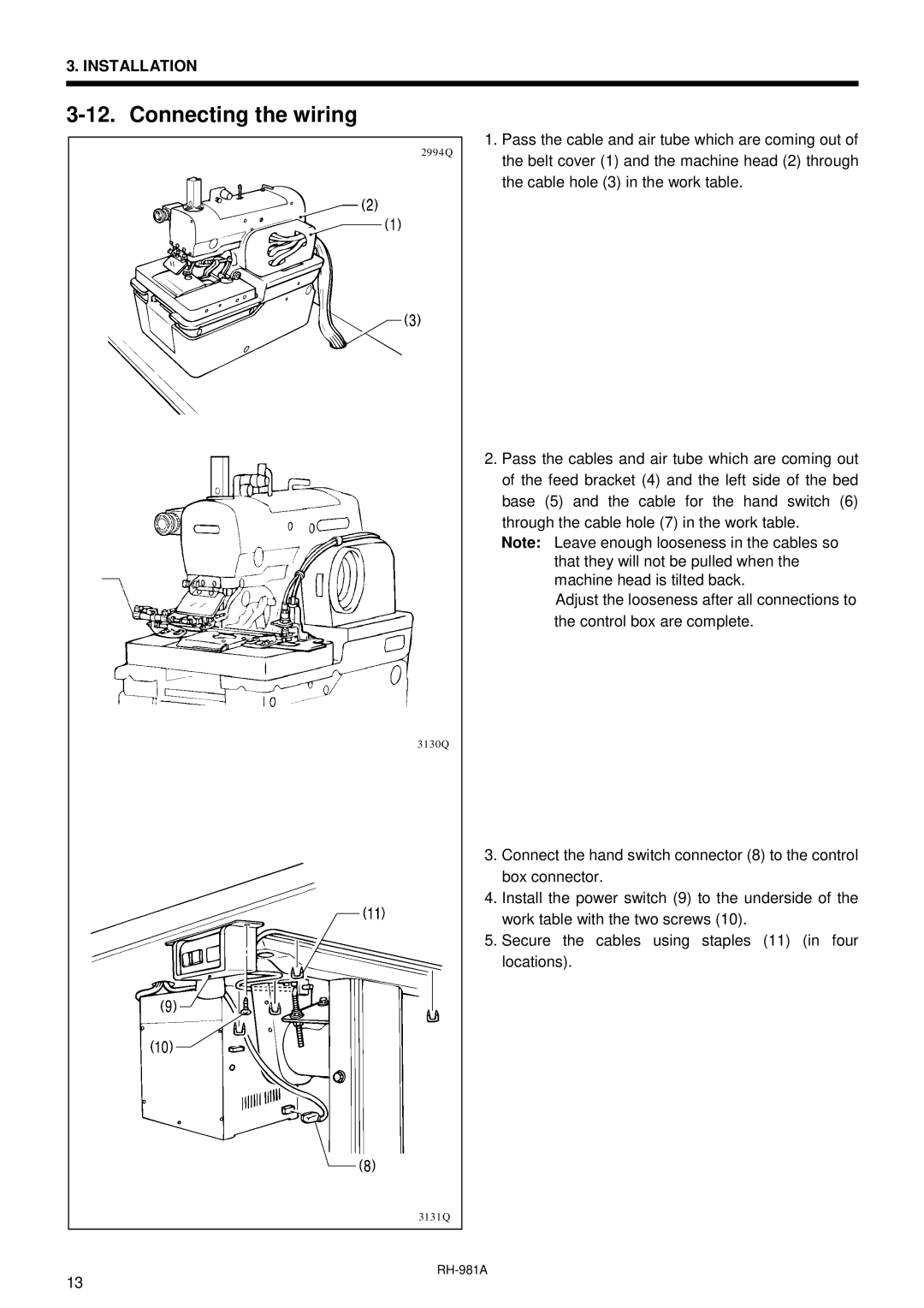 Brother rh-918a manual Connecting the wiring 