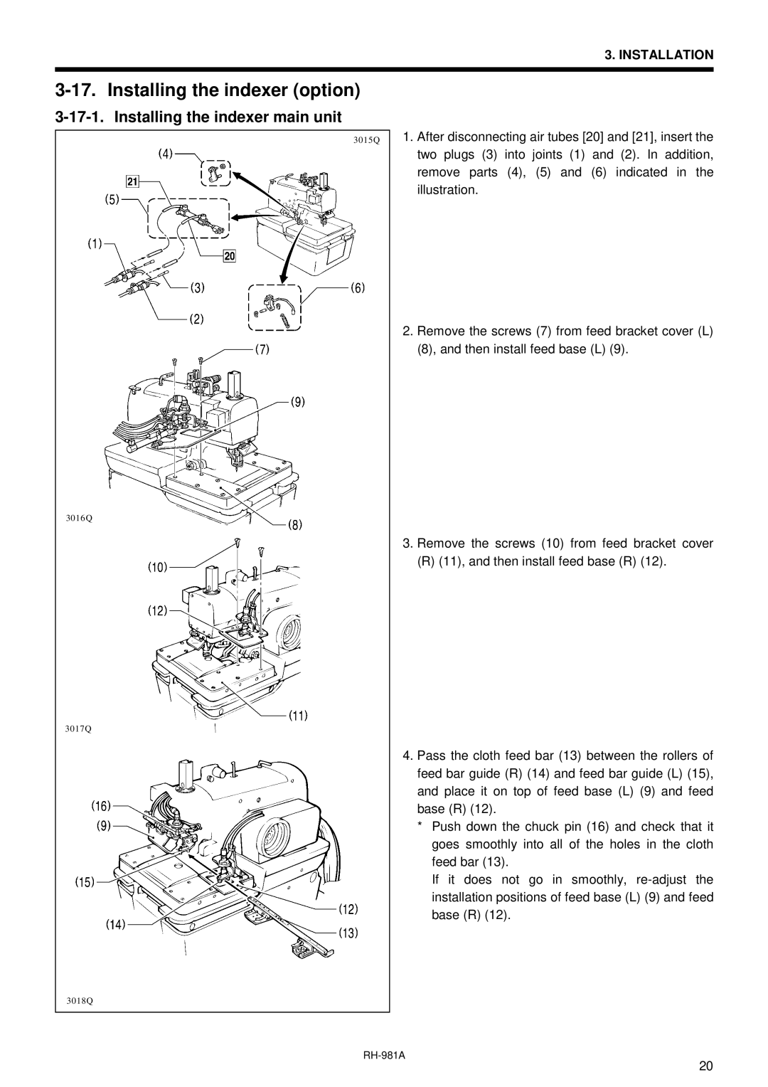 Brother rh-918a manual Installing the indexer option, Installing the indexer main unit 