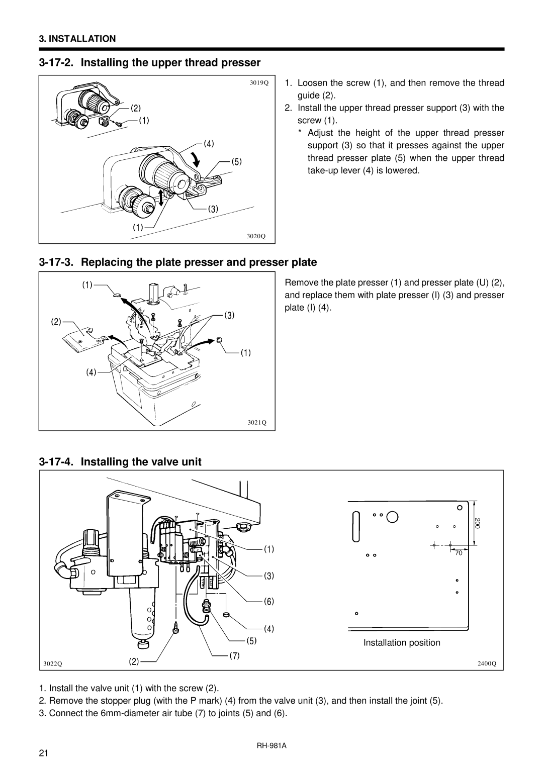 Brother rh-918a manual Installing the upper thread presser, Replacing the plate presser and presser plate 