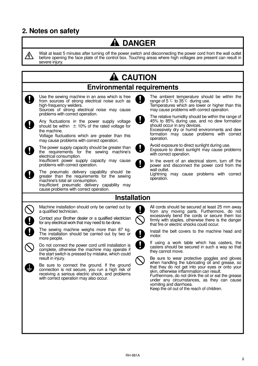 Brother rh-918a manual Environmental requirements 