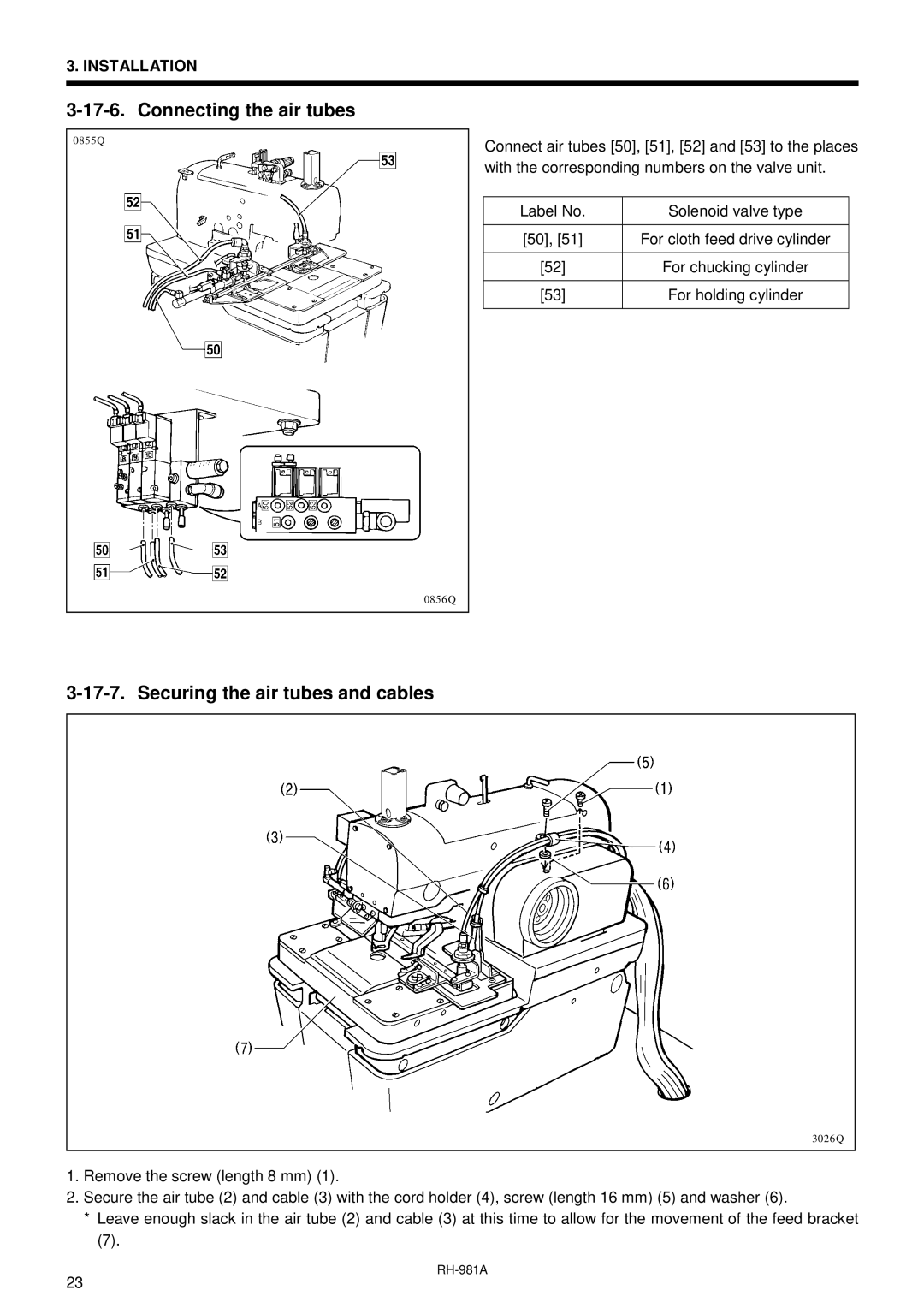 Brother rh-918a manual Connecting the air tubes, Securing the air tubes and cables 