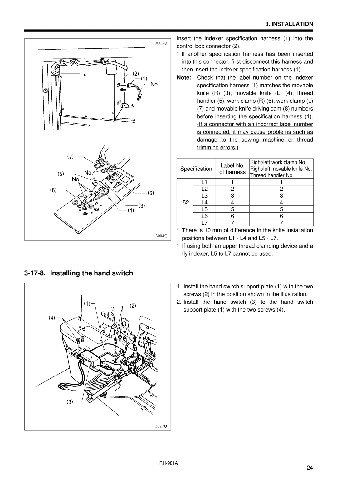 Brother rh-918a manual Installing the hand switch 