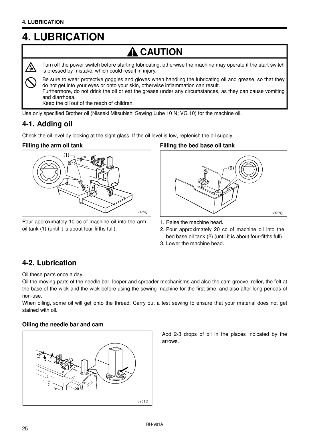 Brother rh-918a manual Lubrication, Adding oil, Filling the arm oil tank, Oiling the needle bar and cam 