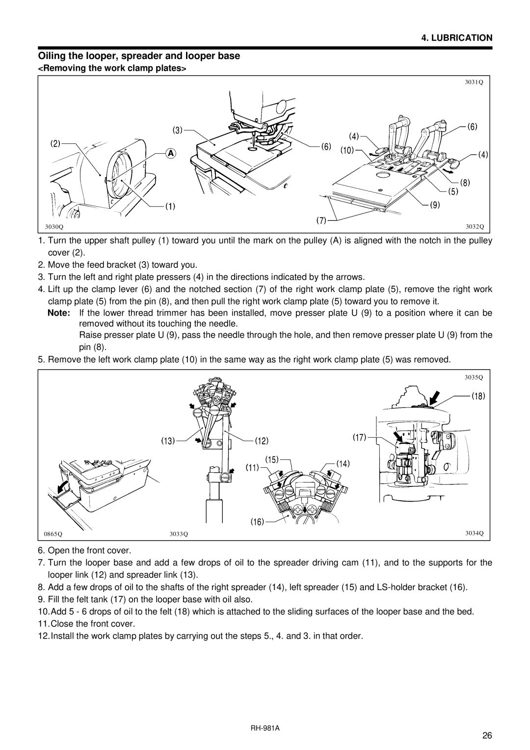 Brother rh-918a manual Oiling the looper, spreader and looper base, Removing the work clamp plates 