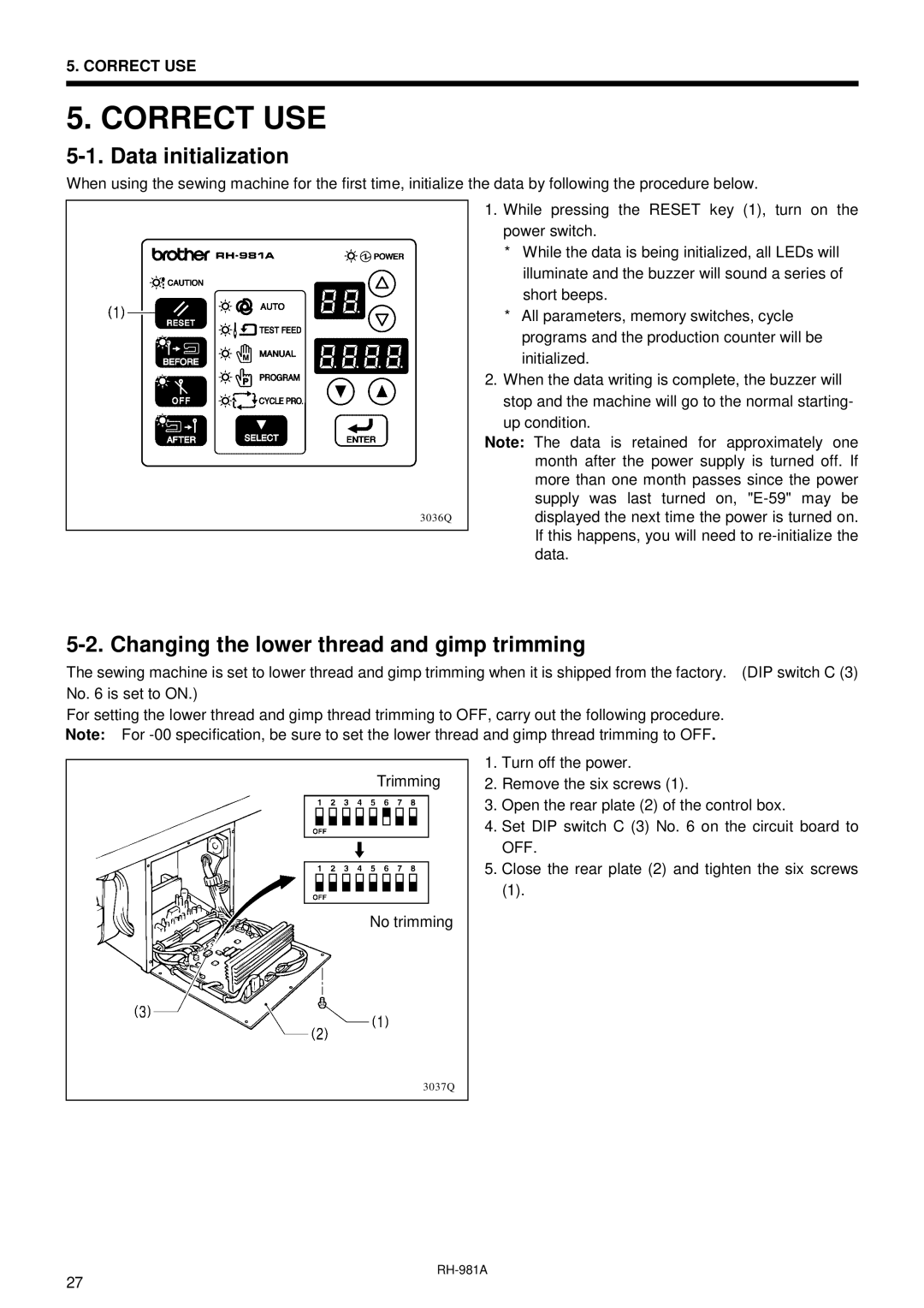 Brother rh-918a manual Correct USE, Data initialization, Changing the lower thread and gimp trimming 