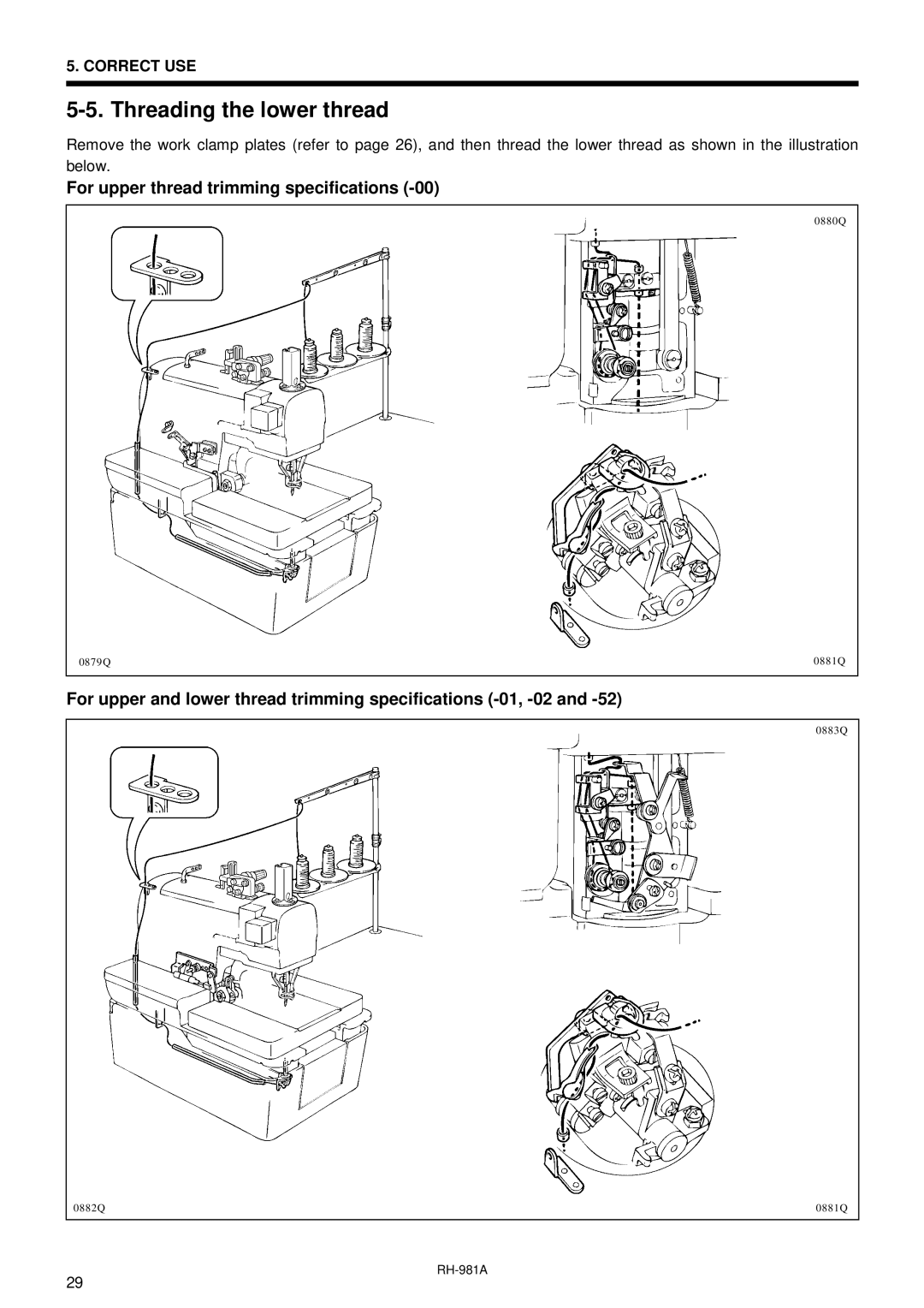 Brother rh-918a manual Threading the lower thread, For upper thread trimming specifications 