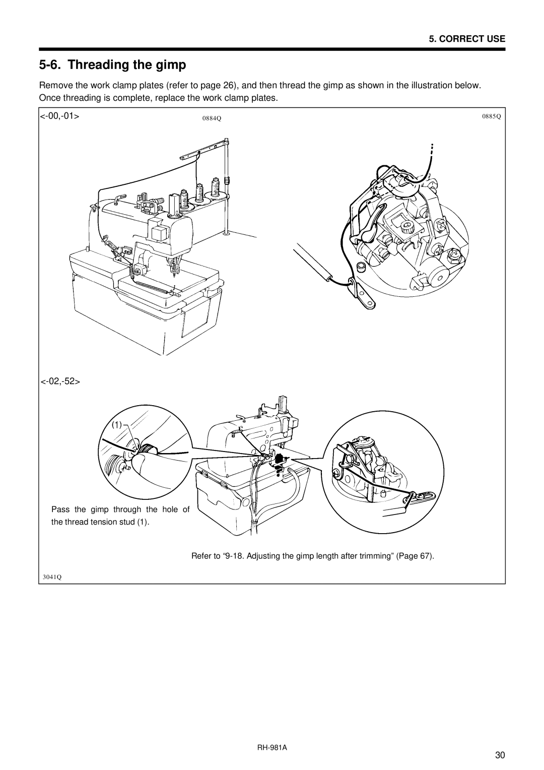 Brother rh-918a manual Threading the gimp, 02,-52 