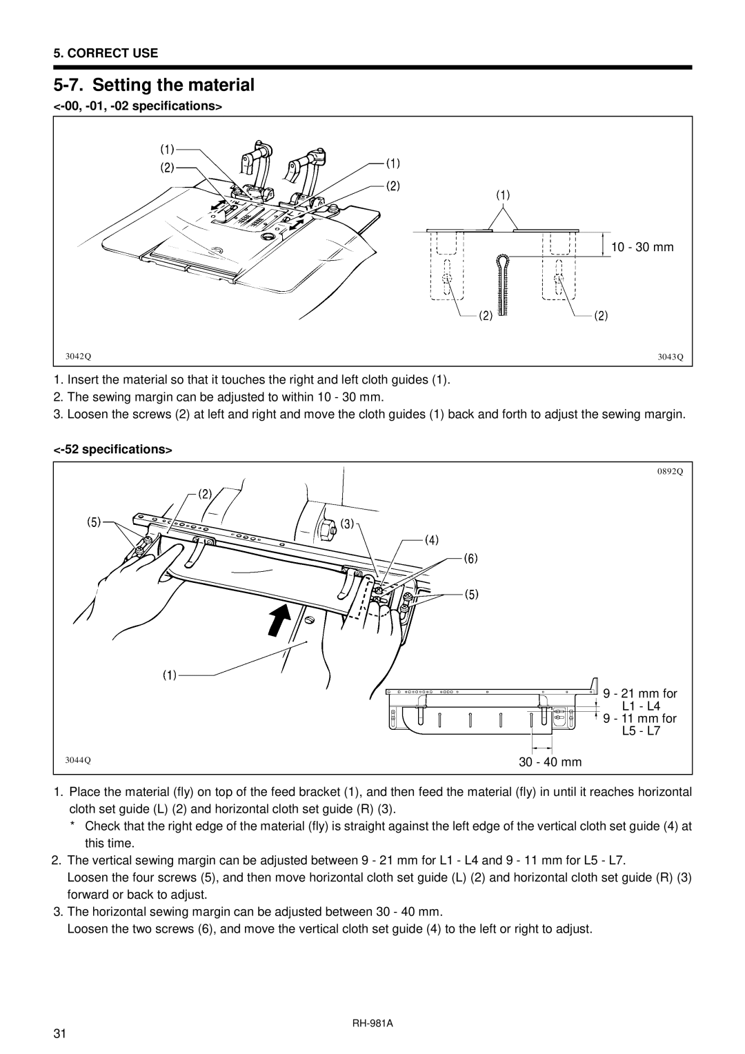 Brother rh-918a manual Setting the material, 00, -01, -02 specifications, Specifications 