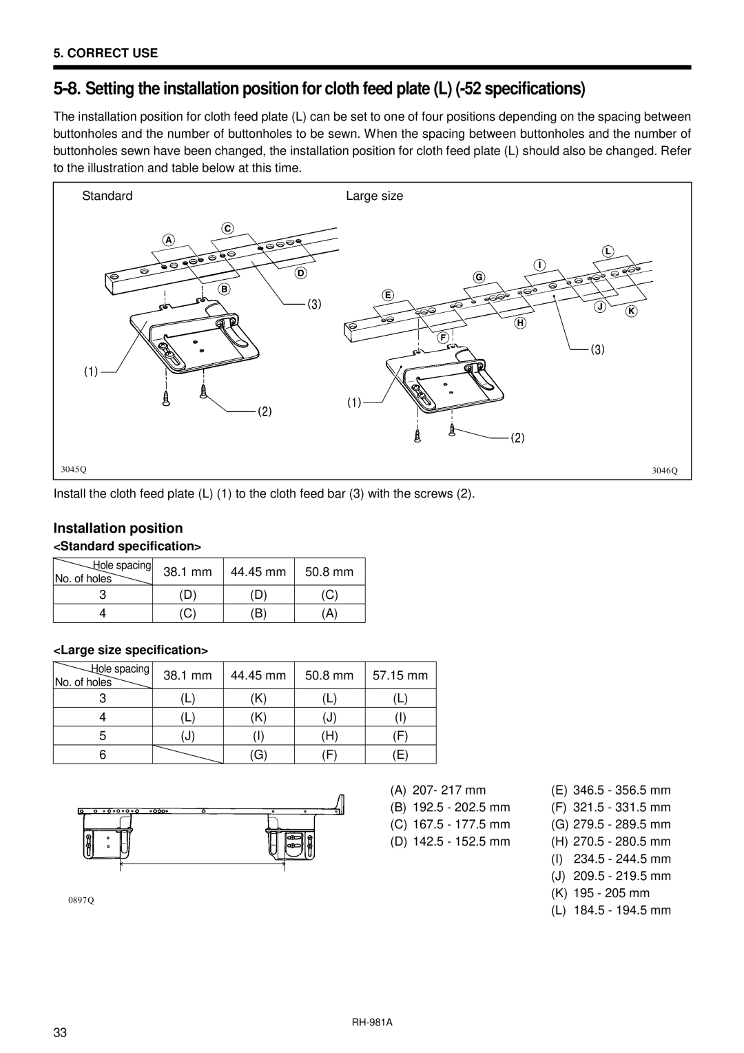 Brother rh-918a manual Installation position, Standard specification, Large size specification 