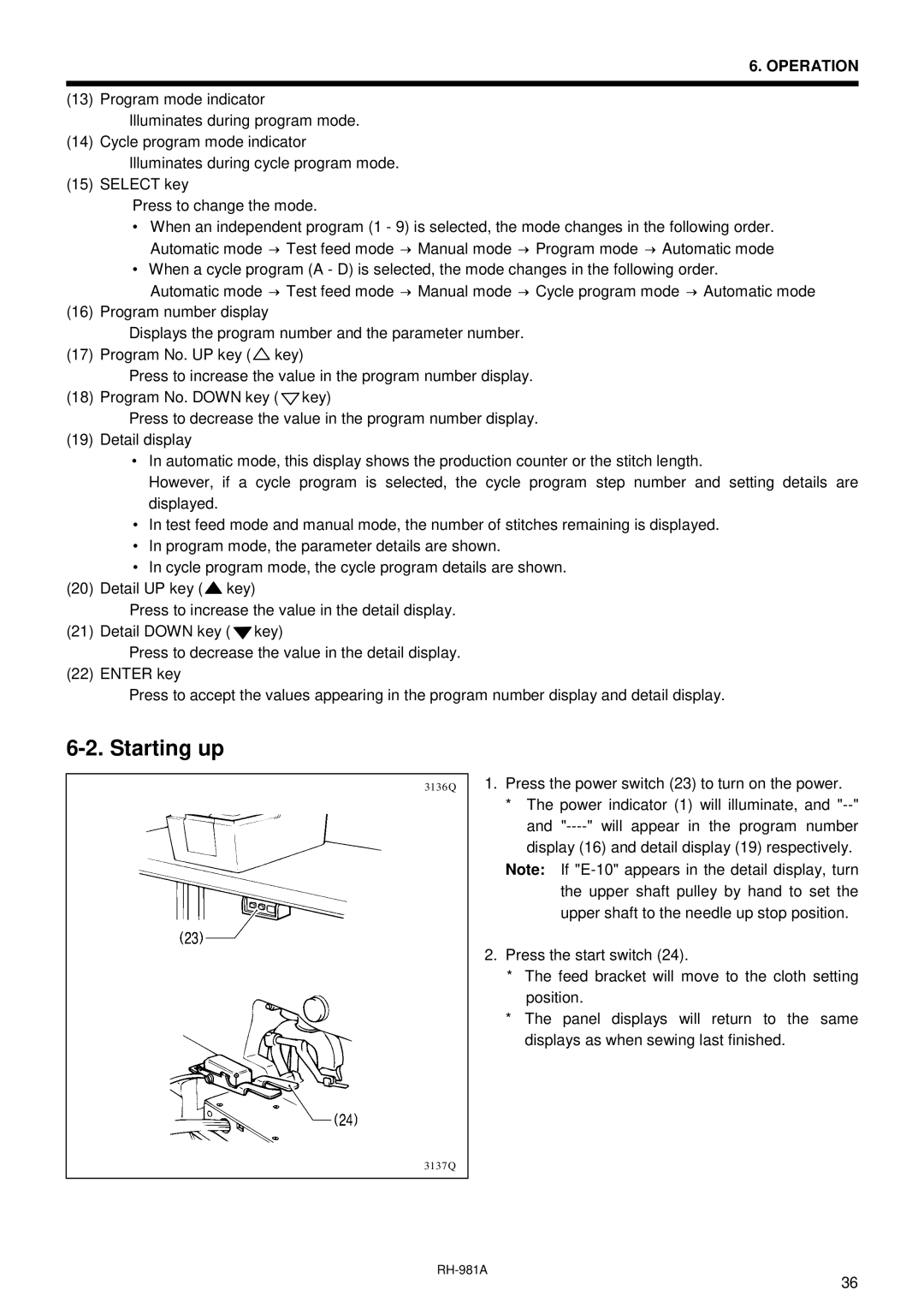 Brother rh-918a manual Starting up 