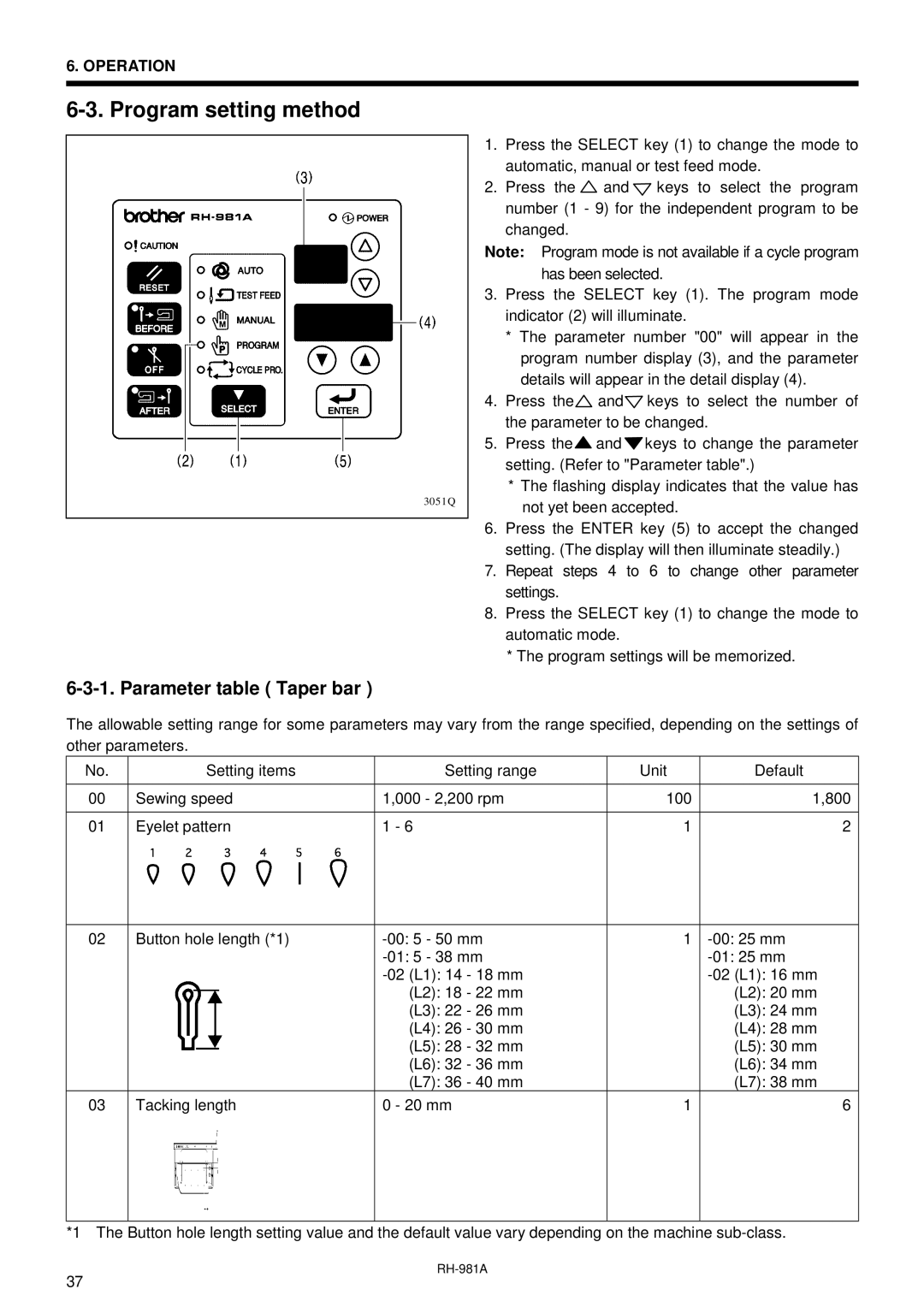 Brother rh-918a manual Program setting method, Parameter table Taper bar 