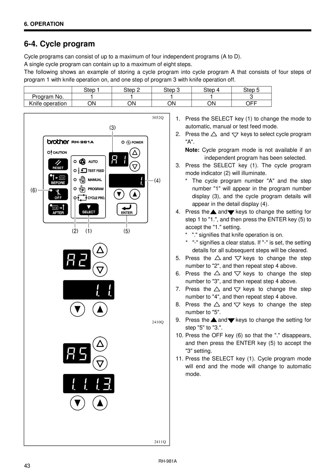 Brother rh-918a manual Cycle program 