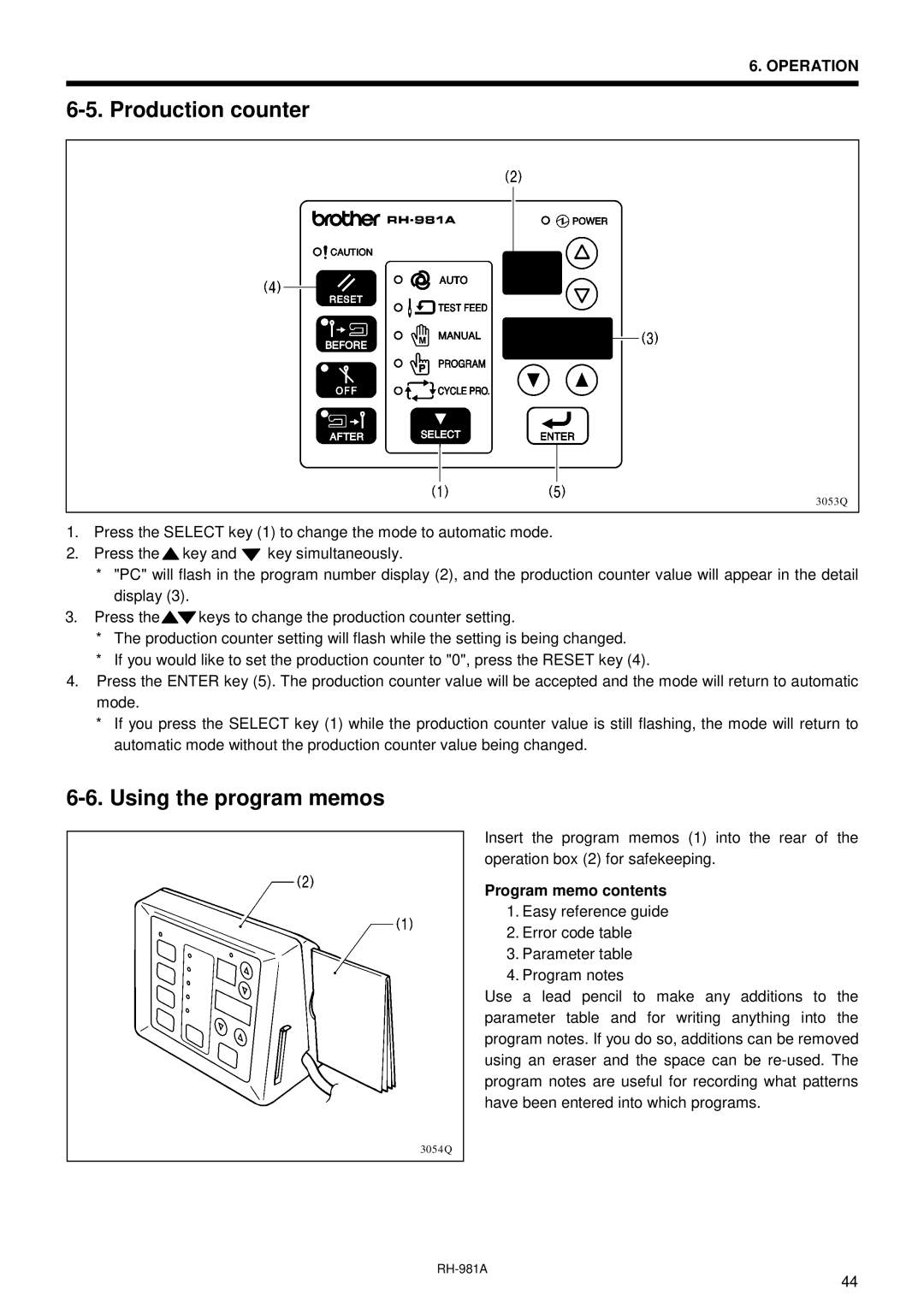 Brother rh-918a manual Production counter, Using the program memos, Program memo contents 