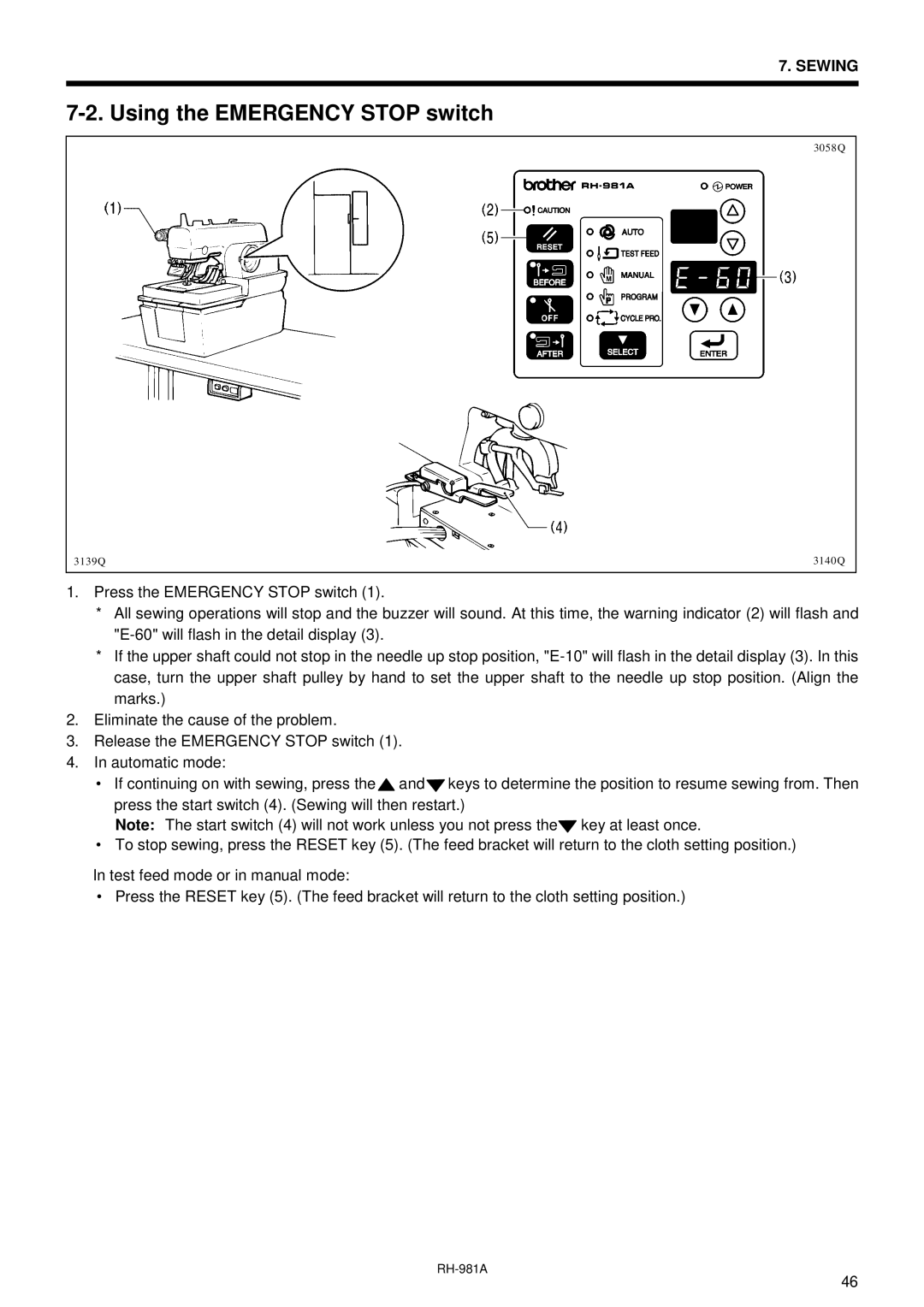 Brother rh-918a manual Using the Emergency Stop switch 