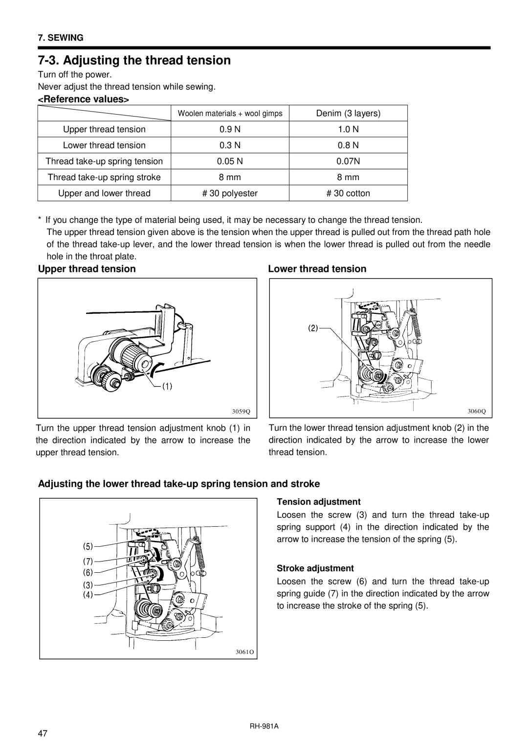 Brother rh-918a manual Adjusting the thread tension, Reference values, Upper thread tension 