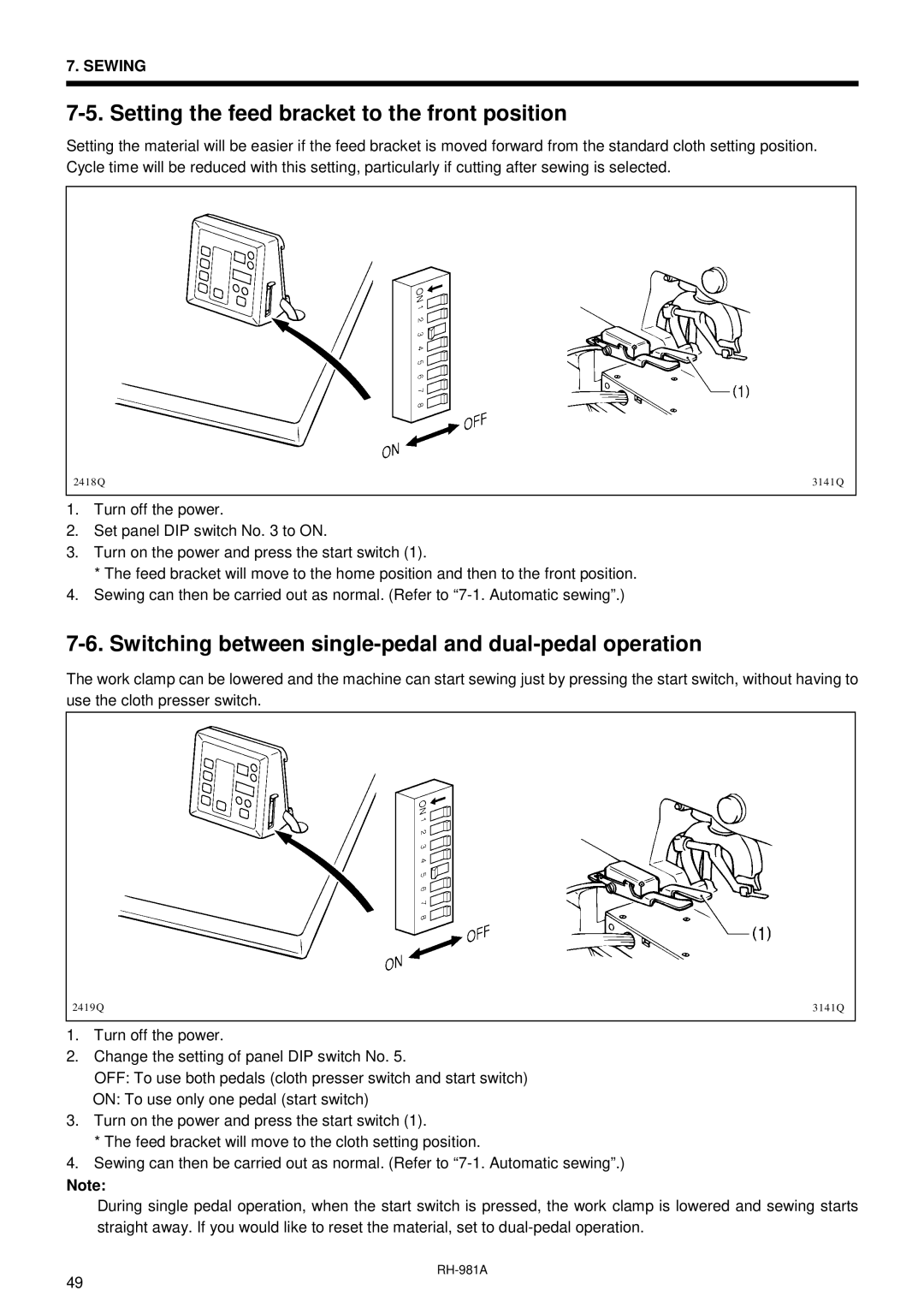 Brother rh-918a Setting the feed bracket to the front position, Switching between single-pedal and dual-pedal operation 