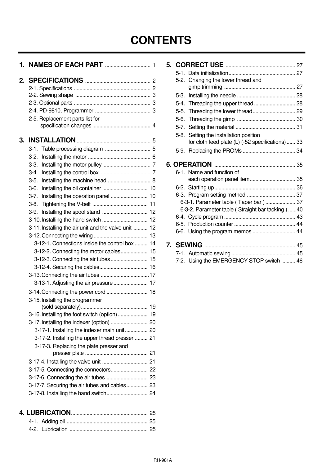 Brother rh-918a manual Contents 