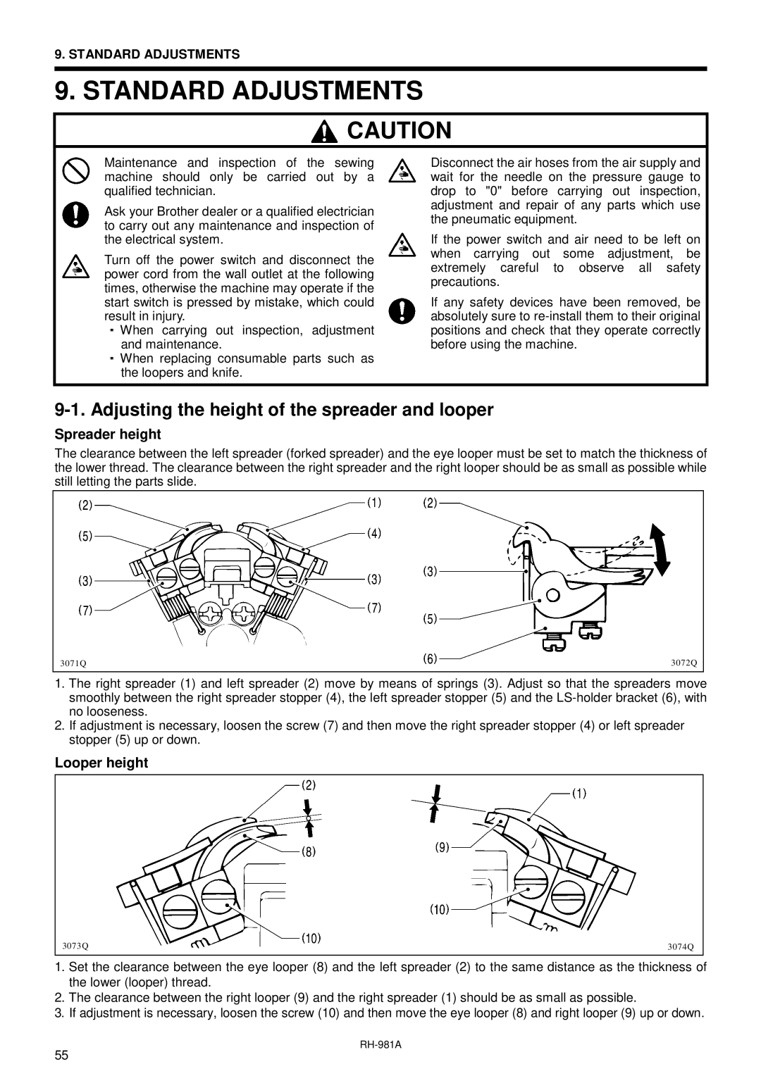 Brother rh-918a Standard Adjustments, Adjusting the height of the spreader and looper, Spreader height, Looper height 