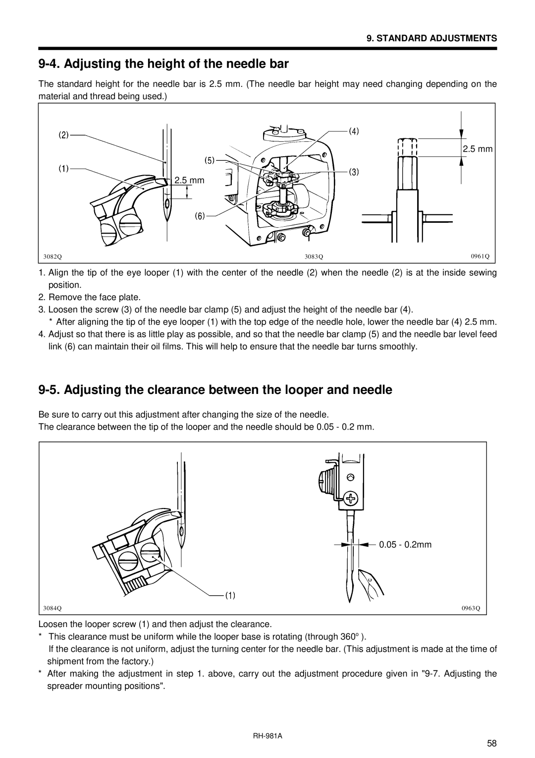 Brother rh-918a manual Adjusting the height of the needle bar, Adjusting the clearance between the looper and needle 