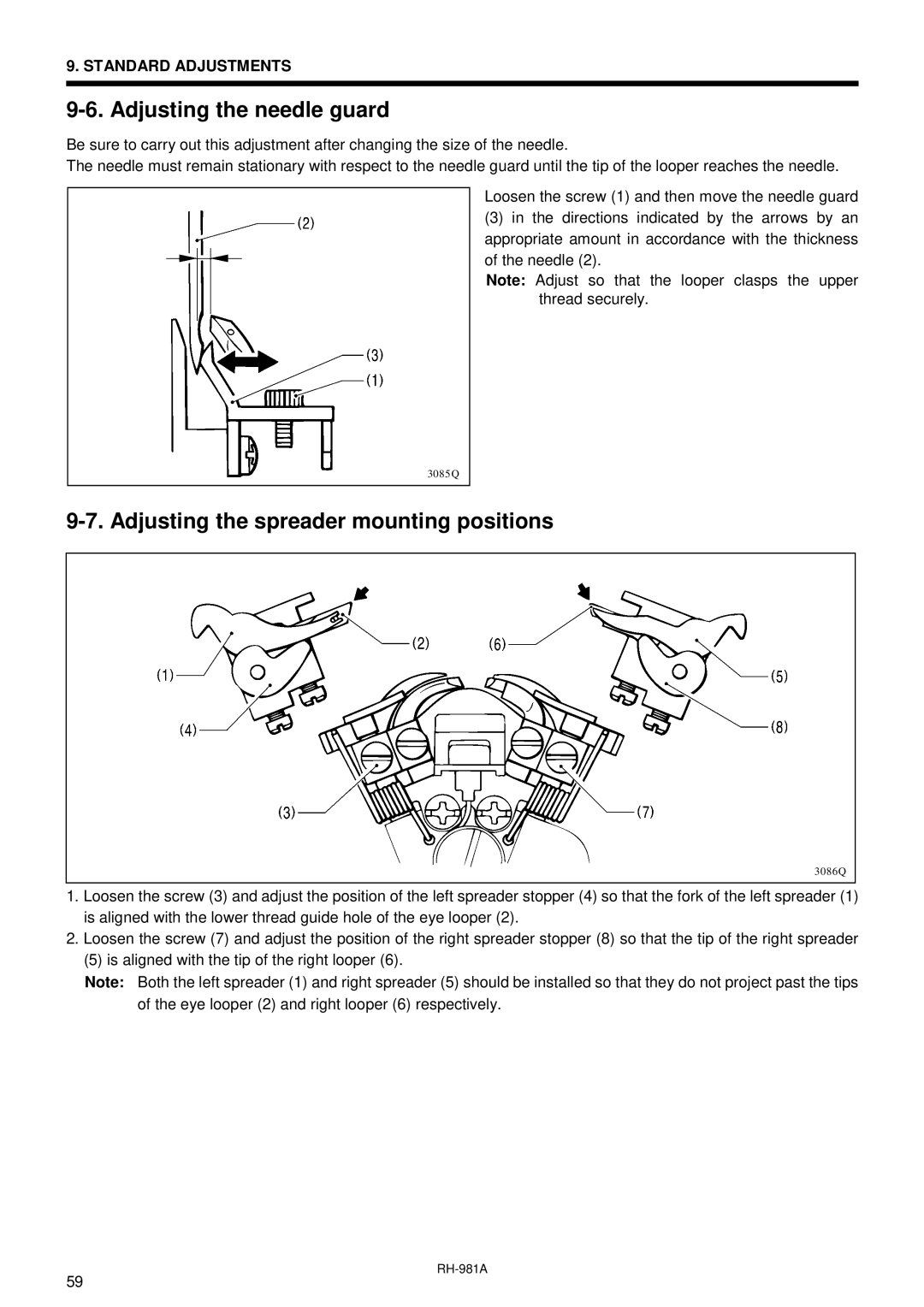 Brother rh-918a manual Adjusting the needle guard, Adjusting the spreader mounting positions 