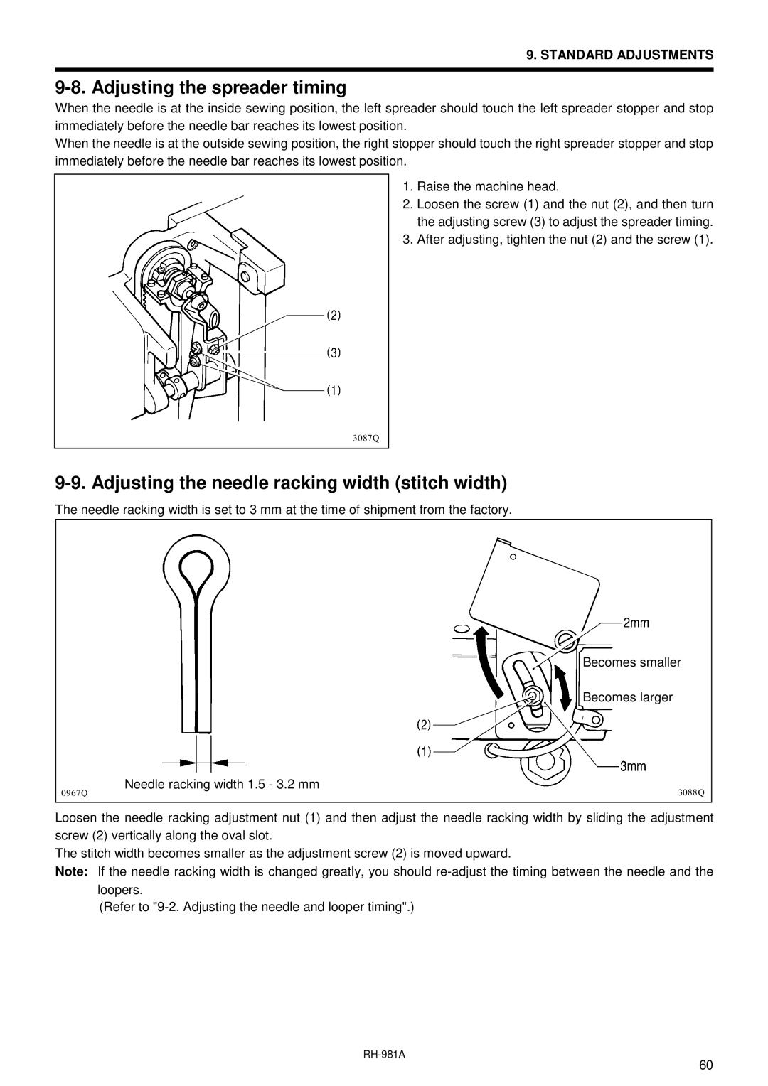 Brother rh-918a manual Adjusting the spreader timing, Adjusting the needle racking width stitch width 