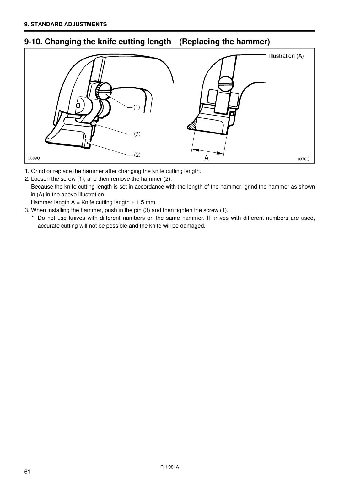 Brother rh-918a manual Changing the knife cutting length Replacing the hammer 