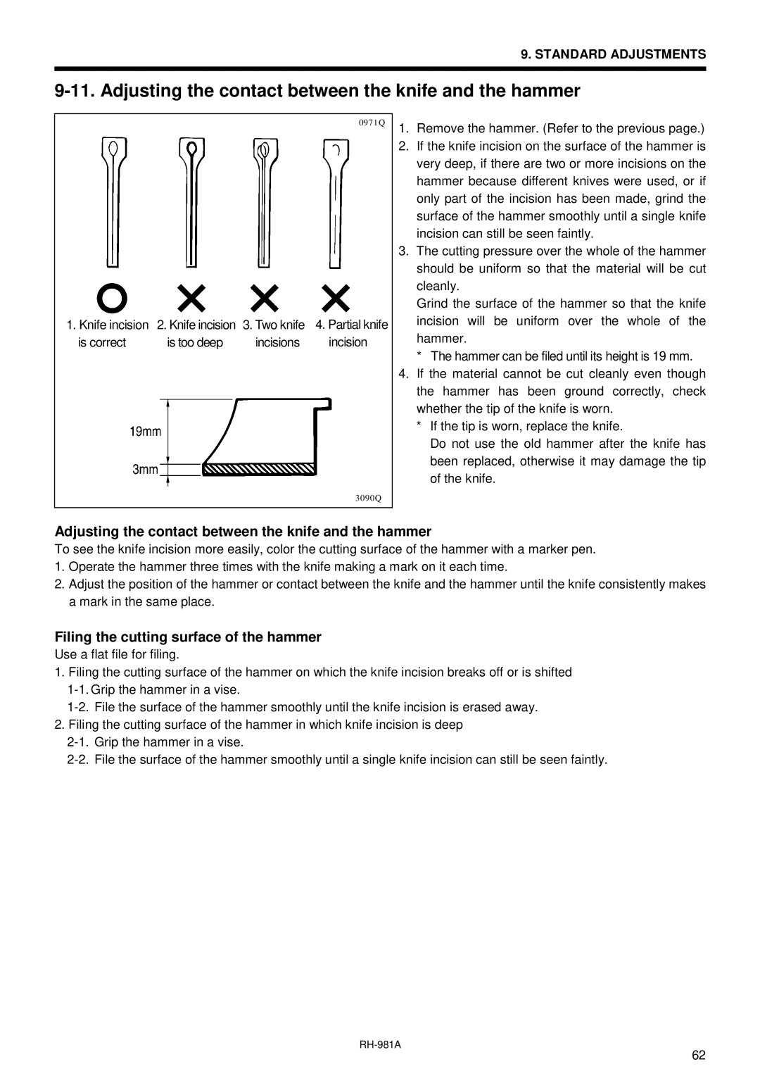 Brother rh-918a manual Adjusting the contact between the knife and the hammer, Filing the cutting surface of the hammer 