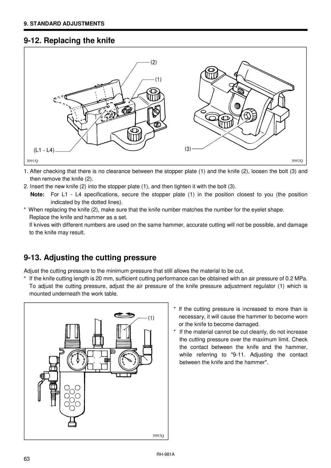 Brother rh-918a manual Replacing the knife, Adjusting the cutting pressure 